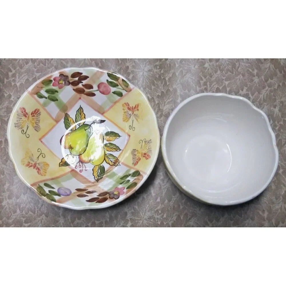 set of 2 Botanical Pattern Soup & Salad Bowls Miriam Designs chunky handpainted